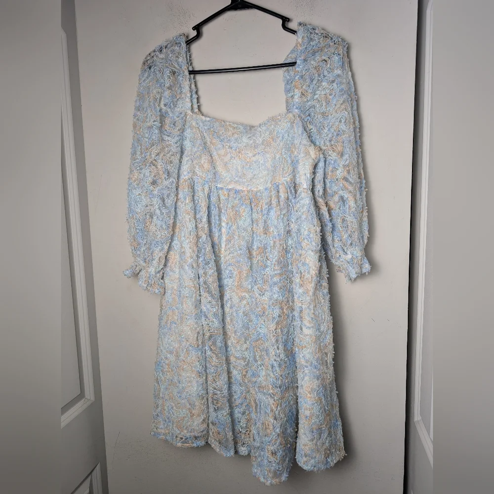 Storia Babydoll Dress Blue Tan Lacey Puff Sleeve Ruffle Square Neck Cottage Core - Picture 9 of 10